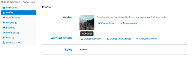 The new User Control Panel, showing the Profile management page. Note that almost all actions related to your user account are managed via this page rather than being spread across several.