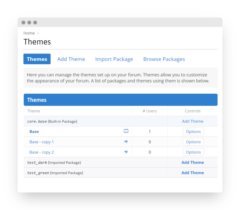Screenshot of the Admin CP Themes page, listing a Built-in Package with 3 themes, and Imported Packages