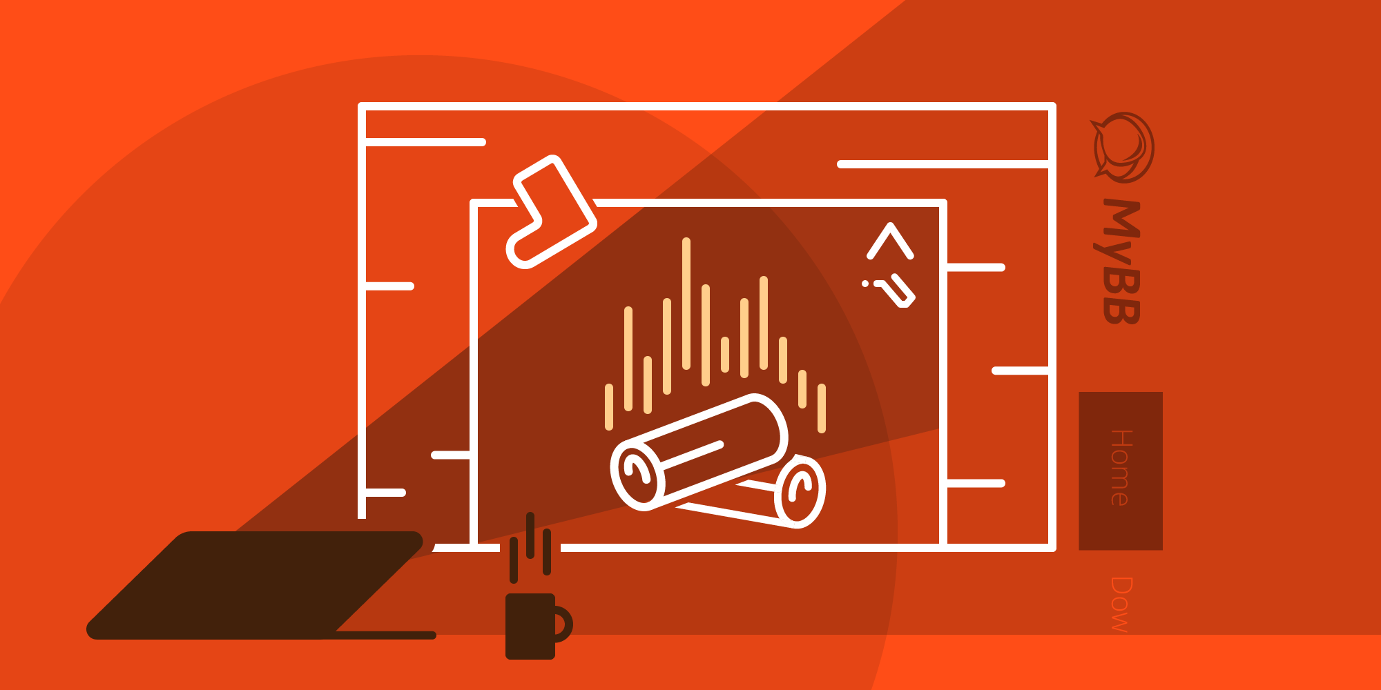 Line drawing of a fireplace behind a laptop projecting code imitating fire, and a fragment of the MyBB.com website
