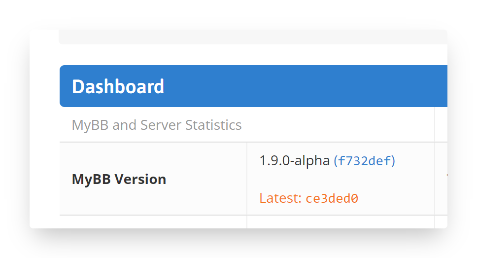 Partial screenshot of the Admin CP Dashboard, showing the MyBB version 1.9.0-alpha, commit hash, and latest commit hash below